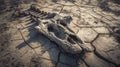 Macro view of dinosaur bone fossil embedded in dry cracked soil, shadows highlighting texture Royalty Free Stock Photo