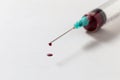 Macro view of drop of blood from syringe over white background