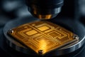 Macro view of etched copper quantum processor under microscope, highlighting advanced nanotechnology and precision electronics Royalty Free Stock Photo