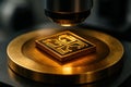 Macro view of etched copper quantum processor under microscope, highlighting advanced nanotechnology and precision electronics Royalty Free Stock Photo