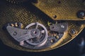 Macro view of gears in an old wall clock mechanism.