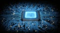 Macro view of a glowing central processing unit chip mounted on a complex blue circuit board illuminated with digital data streams Royalty Free Stock Photo