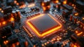 Macro view of a glowing microchip on a circuit board, emphasizing cutting-edge technology and innovation in a digital Royalty Free Stock Photo