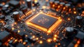 Macro view of a glowing microchip on a circuit board, emphasizing cutting-edge technology and innovation in a digital Royalty Free Stock Photo