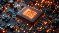 Macro view of a glowing microchip on a circuit board, emphasizing cutting-edge technology and innovation in a digital Royalty Free Stock Photo