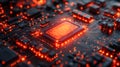 Macro view of a glowing microchip on a circuit board, emphasizing cutting-edge technology and innovation in a digital Royalty Free Stock Photo