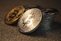 Macro view of gold and silver color shiny coins with Bitcoin symbol Royalty Free Stock Photo