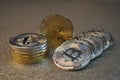 Macro view of gold and silver color shiny coins with Bitcoin symbol Royalty Free Stock Photo
