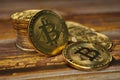 Macro view of gold and silver color shiny coins with Bitcoin symbol Royalty Free Stock Photo