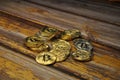 Macro view of gold and silver color shiny coins with Bitcoin symbol Royalty Free Stock Photo