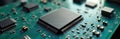 Macro view of green circuit board with central processing unit, microchips. Electronic components, pathways connect for digital Royalty Free Stock Photo