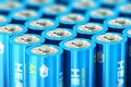 Macro view of the group of blue alkaline AA batteries