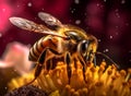 Macro view Honey bee on flower. Generative AI