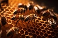 Macro view of honeybees working diligently inside their hive, meticulously crafting honeycomb cells filled with glistening.