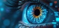 Macro view of human eye iris with digital data stream overlay, representing cybernetic vision and information processing. Blue Royalty Free Stock Photo