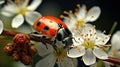 Macro View of Ladybug\'s Intricate Features Amidst White Petals. Generative AI