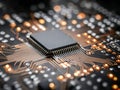 Macro view of a microchip on a circuit board with glowing connections illustrating modern electronic technology and digital data Royalty Free Stock Photo