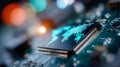 Macro view of a microchip with glowing world map, global network and digital technology concept Royalty Free Stock Photo