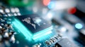 Macro view of a microchip with glowing world map, global network and digital technology concept Royalty Free Stock Photo