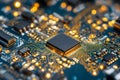 Macro view of a microchip mounted on a blue printed circuit board with illuminated golden pathways representing advanced Royalty Free Stock Photo
