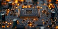 Macro view of a microchip on a printed circuit board with glowing bokeh background Royalty Free Stock Photo