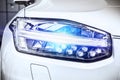 Macro view of modern car headlight SUV with noise graine effect. car xenon lamp headlight. detail view on car xenon lamp Royalty Free Stock Photo