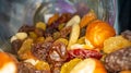 Macro view of the nuts, seeds and dried fruits in a glass jar Royalty Free Stock Photo