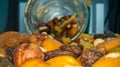 Macro view of the nuts, seeds and dried fruits in a glass jar Royalty Free Stock Photo