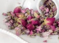 Macro view of organic peach rose herb tea