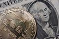 Macro view of a pair of Bitcoin coins showing the surface detail of the coinage Royalty Free Stock Photo