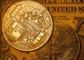 Macro view of a pair of Bitcoin coins showing the surface detail of the coinage Royalty Free Stock Photo