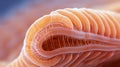 Macro view of Parasitic worm, beef tapeworm, cestode. Helminth close up. Concept of medical research, parasite life