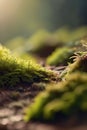 Macro Photograph of Tiny Moss Forest with Bokeh Sunlight Hyperrealist - AI generated Royalty Free Stock Photo