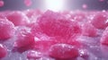 Macro view of pink crystalline structures emerging from a shimmering, liquid surface with soft, glowing light in the background Royalty Free Stock Photo
