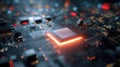 Macro view of a powerful computer cpu chip glowing with orange light on complex circuit board with bokeh background representing Royalty Free Stock Photo