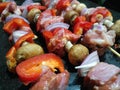 Macro view of raw freshly prepared pork skewers