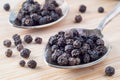 Macro view on the seeds of sweet peas in an old metal spoons Royalty Free Stock Photo