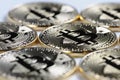 Macro view of shiny Bitcoin souvenire coins Royalty Free Stock Photo