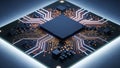 Macro view of a sophisticated central processing unit chip illuminated with glowing internal circuit pathways signaling advanced Royalty Free Stock Photo