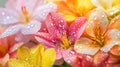 Macro view of spring flowers with dewdrops, morning light and vibrant colors. Easter Royalty Free Stock Photo