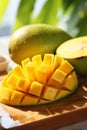 macro view of a succulent mango, meticulously sliced into juicy cubes, artistically presented on a wooden cutting board