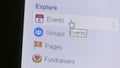 Macro view of a user selecting and deciding on Event, Groups, Pages and more on the Facebook sidebar
