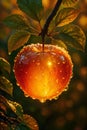 Macro view of vibrant apple with glowing core covered in dew under golden light of magical morning Royalty Free Stock Photo