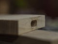 Macro. wooden blank for a mallet. wooden board with a hole