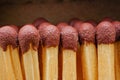 Macro of wooden matchsticks heads in open matchbox Royalty Free Stock Photo