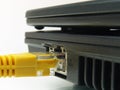 Macro of yellow twisted pair ethernet network cable connected to laptop