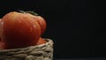 Macrography, tomatoes nestled within basket with black background. Comestible. Royalty Free Stock Photo