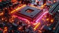 The macroout of the digital board with brightly selected digital elements and the backlight that creates the effect of