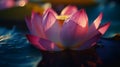 Macrophoto of an amazing pink lotus with water dropps in the sunrise light