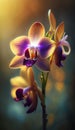 Macrophoto of an amazing yellow, purple and beige orchid